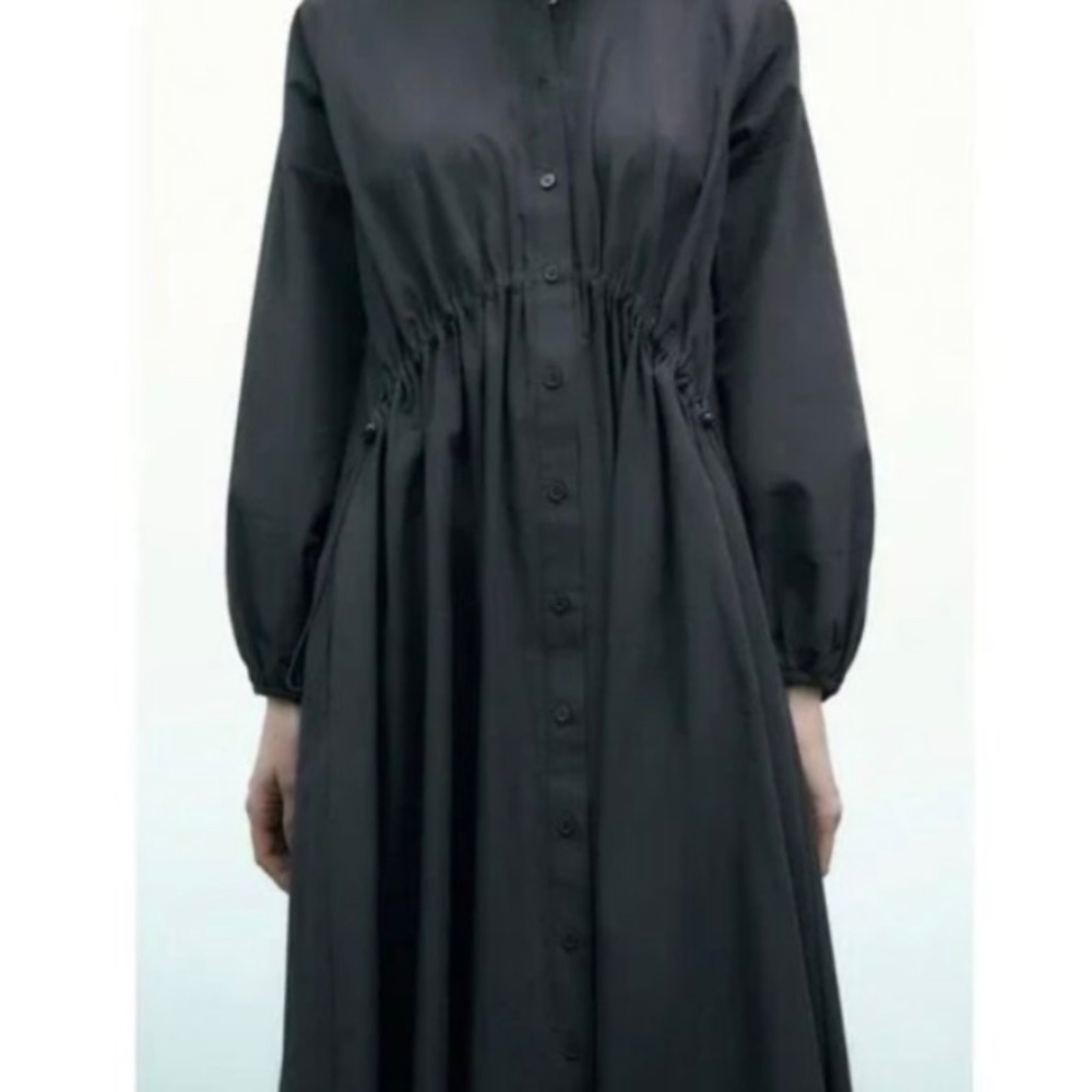 Zara Long Button Down Cinch Front Gray Cotton Dre… - image 3